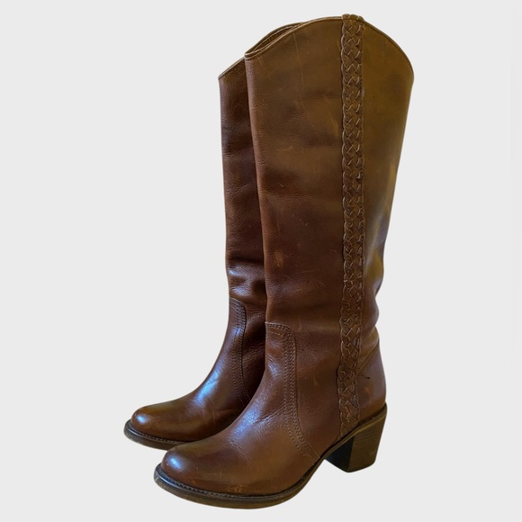 Steve Madden Hypper Tall Leather Boots Women's Sz 7 Cognac Brown Riding Braided - Picture 2 of 15